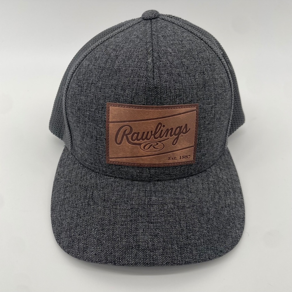 Rawlings Trucker Hat Mens OSFM Gray Leather Patch Snapback Flexfit 110 Cap